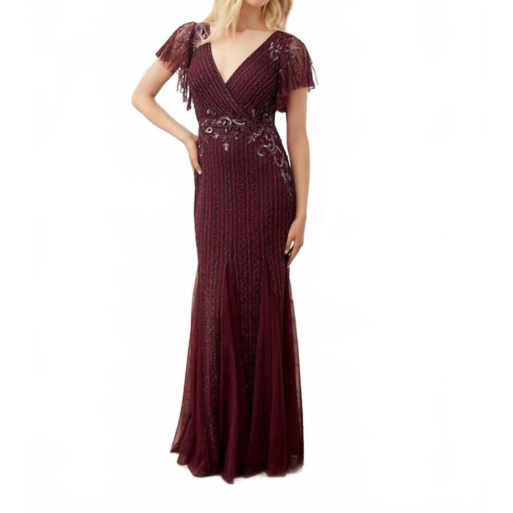NEW HOUSE OF WU flutter sleeve beaded gown in mahogany